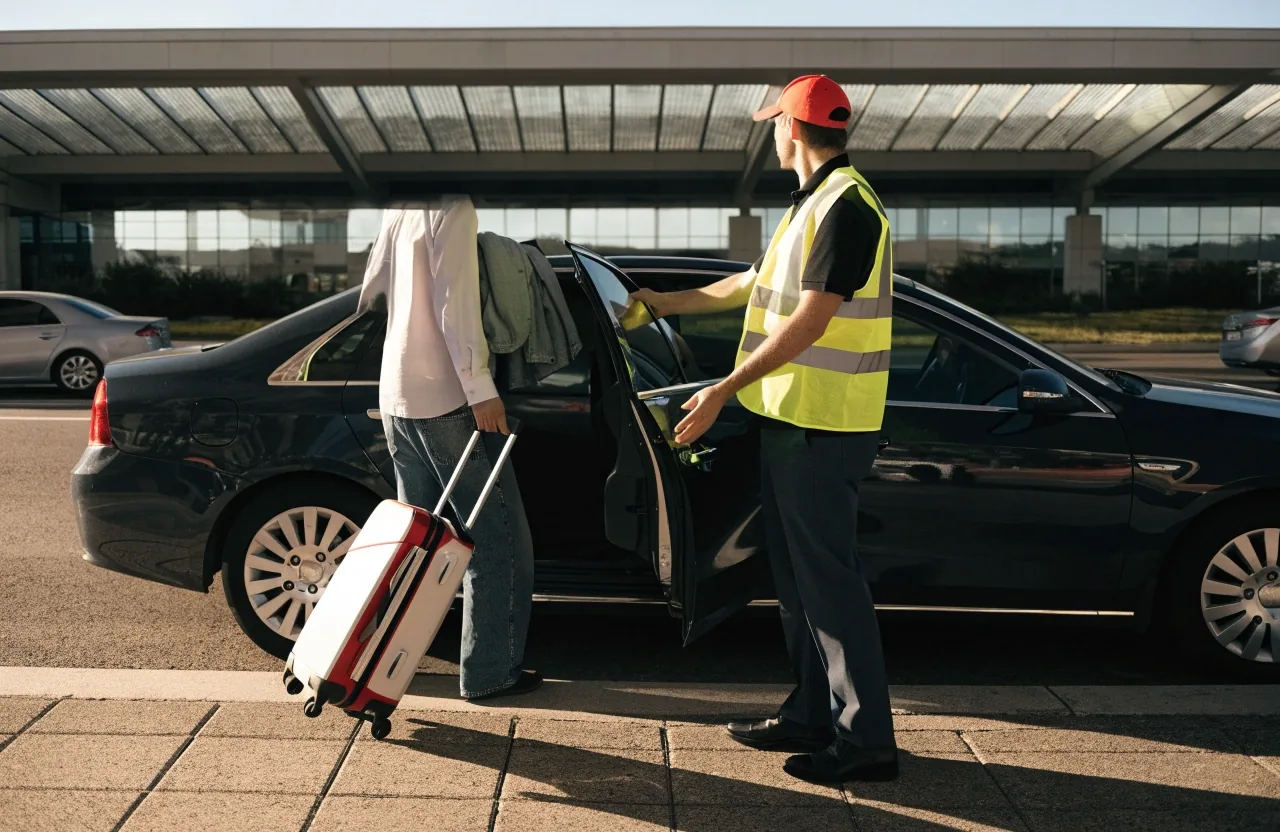 Travellers crossing to domestic terminal entrance at Sydney Airport