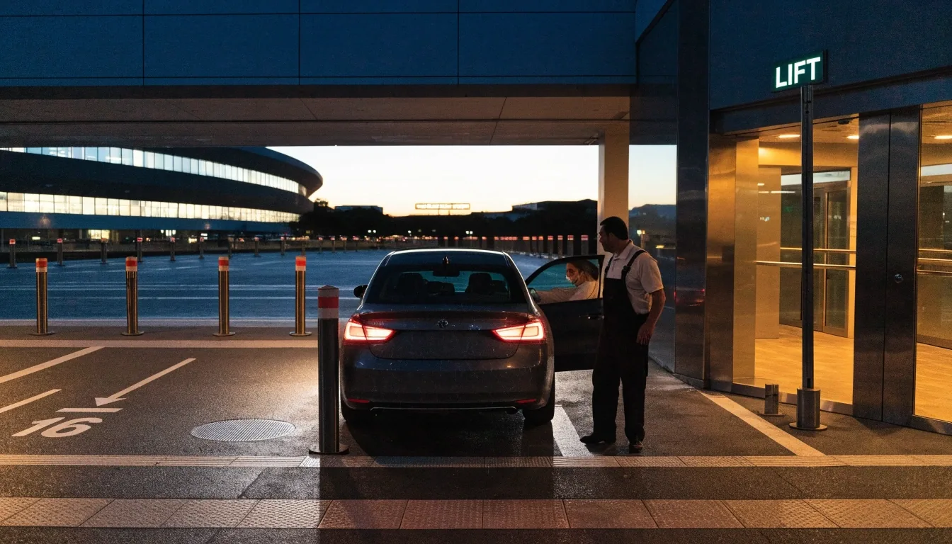 Evening forecourt outside Sydney Airport terminal