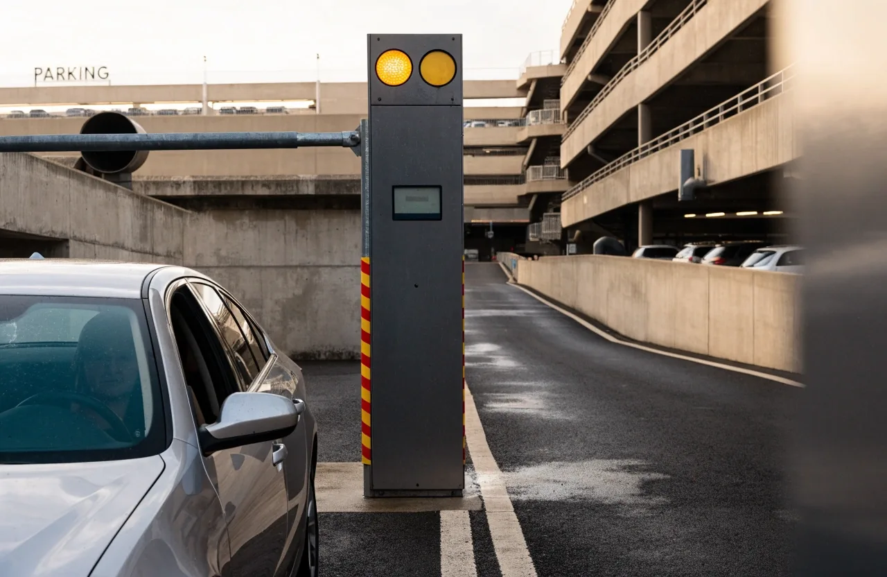 Car waiting at a Sydney Airport parking exit barrier
