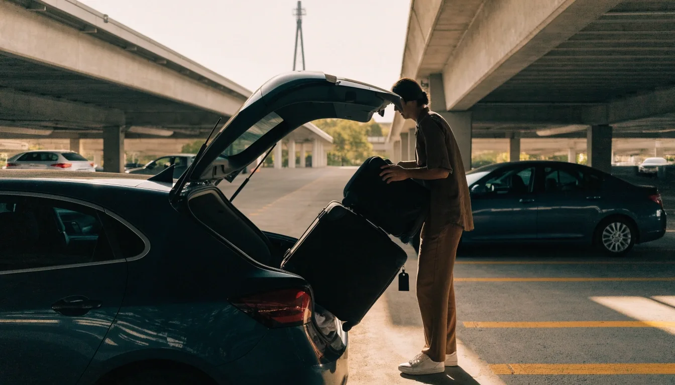 Traveller unloading suitcases in a Sydney Airport parking deck