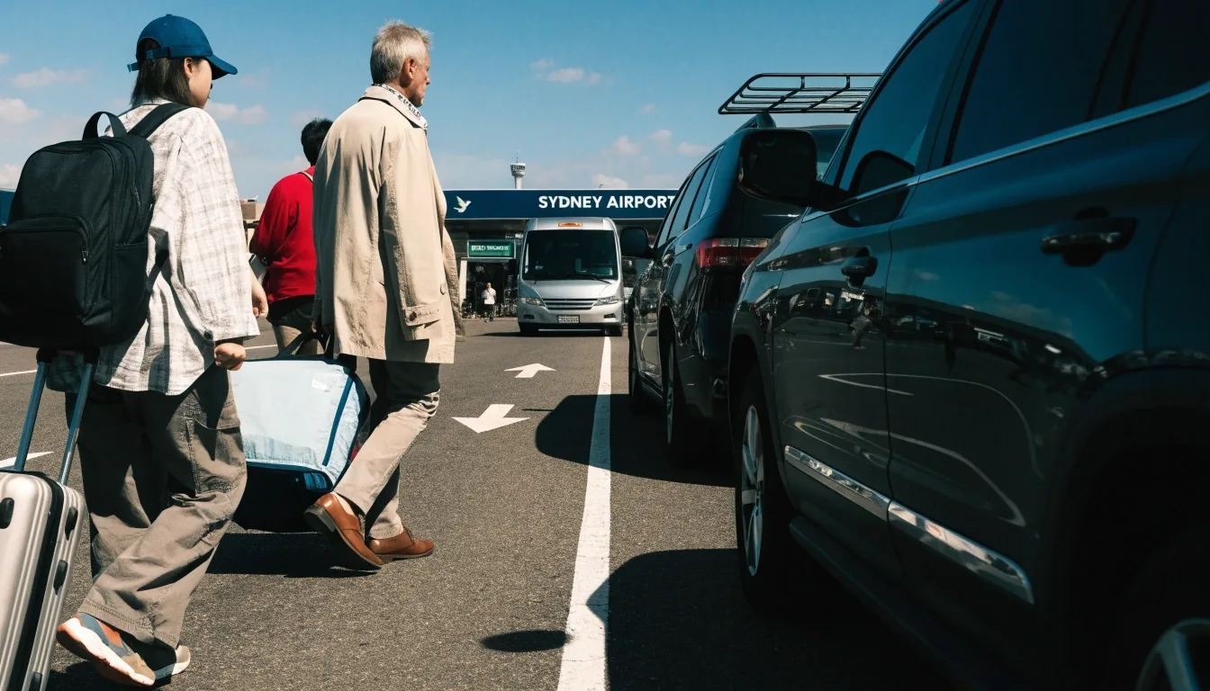Travellers walking to a shuttle in the Blu Emu car park at Sydney Airport