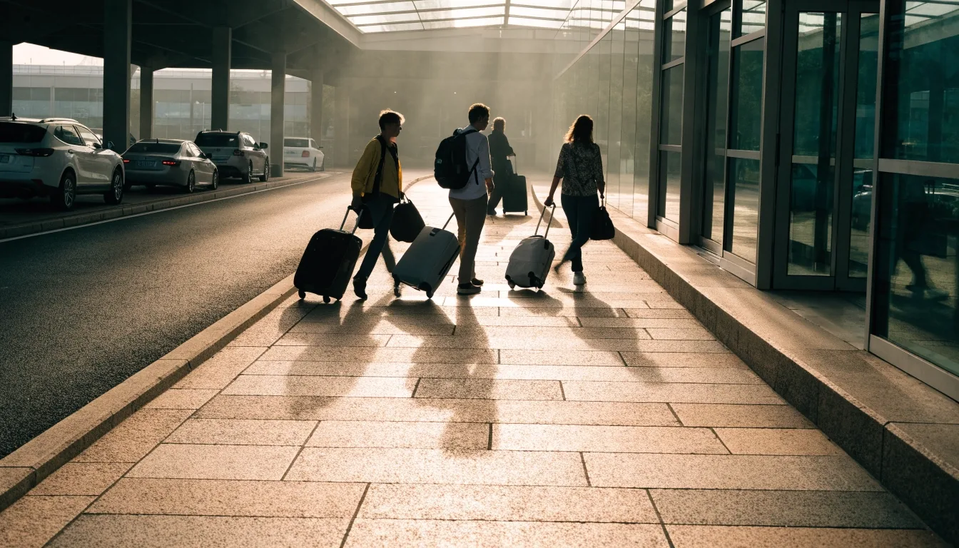 Travellers with luggage walking toward Sydney Airport parking and terminal entry