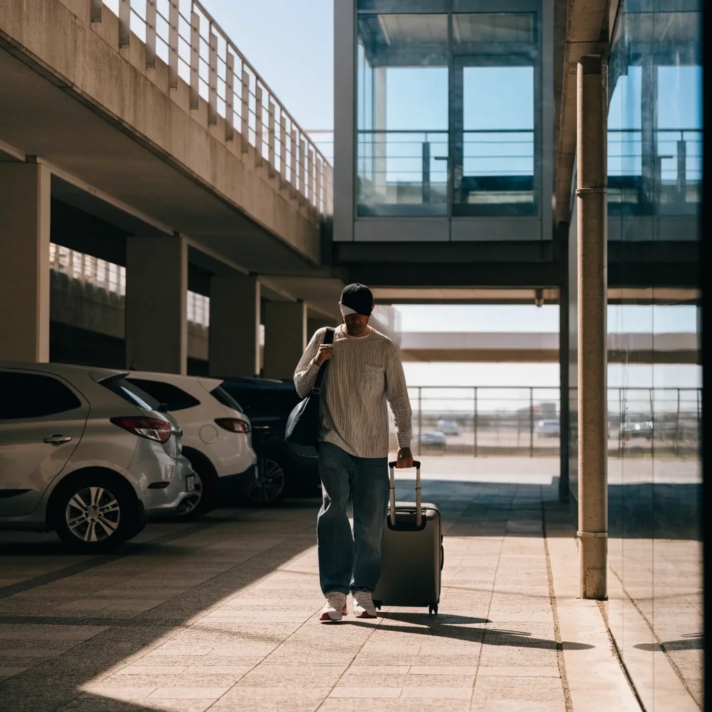 Traveller with luggage walking through P2 domestic car park toward Terminal 2 and Terminal 3