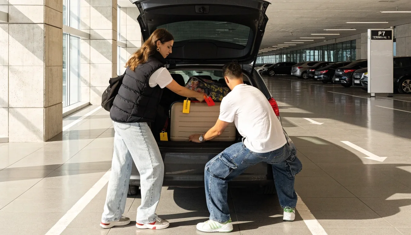 Reserved bays inside P7 premium parking with travellers unloading luggage