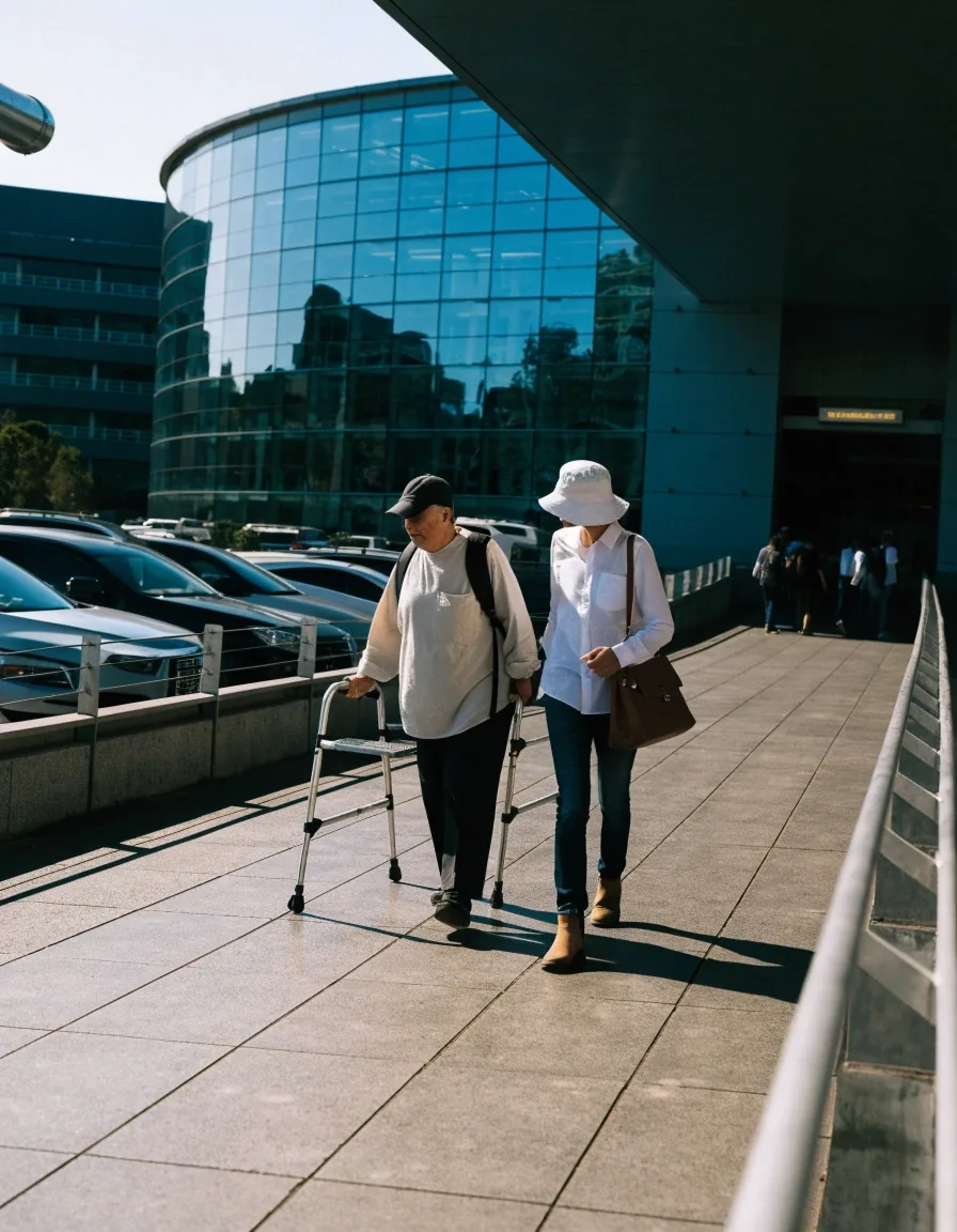Accessible parking bays near terminal with level walkway