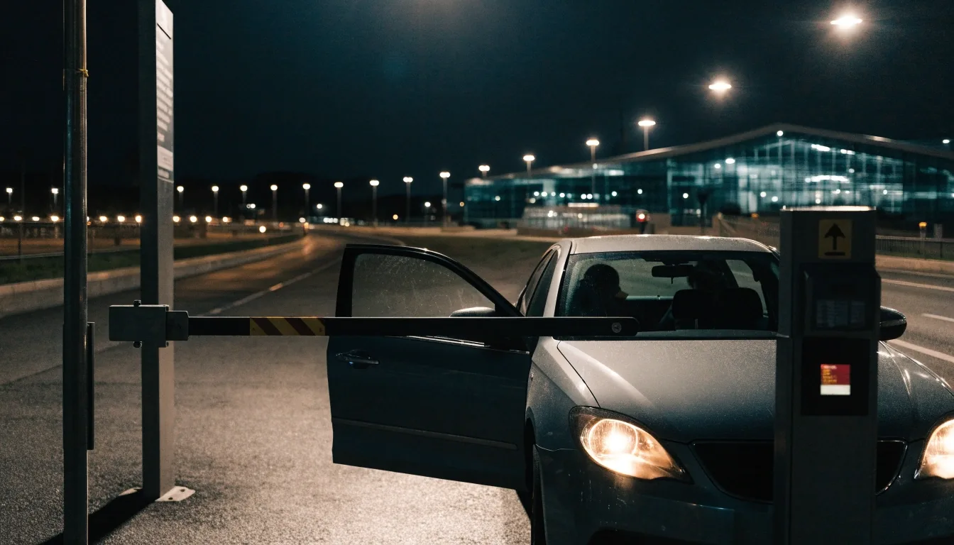 Car entering Sydney Airport parking at night under bright lights