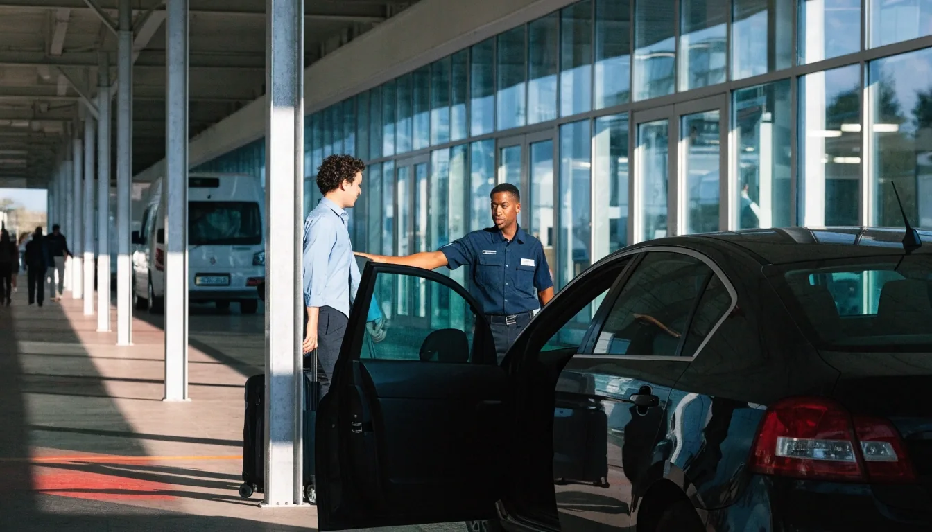 Car parked inside Sydney Airport parking garage with traveller unloading luggage