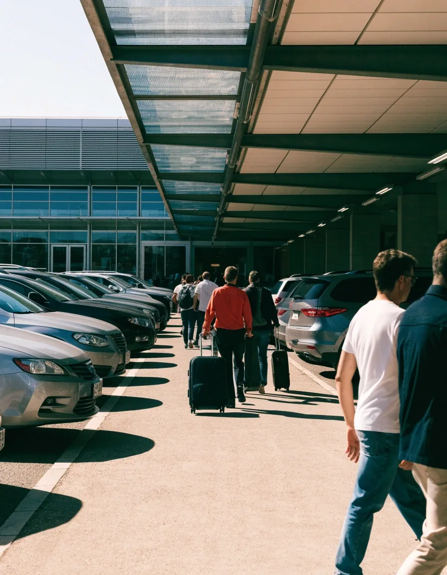 Travellers walking with luggage from P2 parking toward domestic terminal