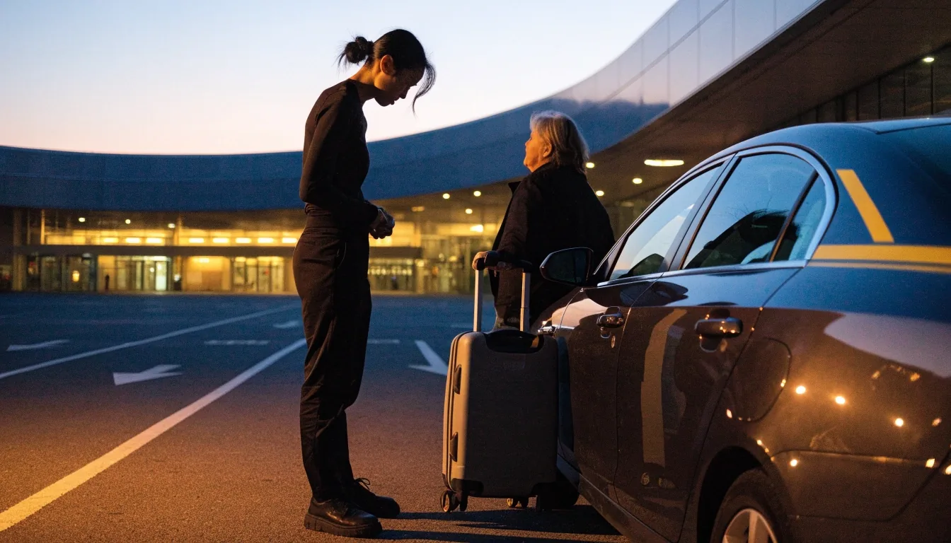 Sydney Airport international terminal forecourt at dusk