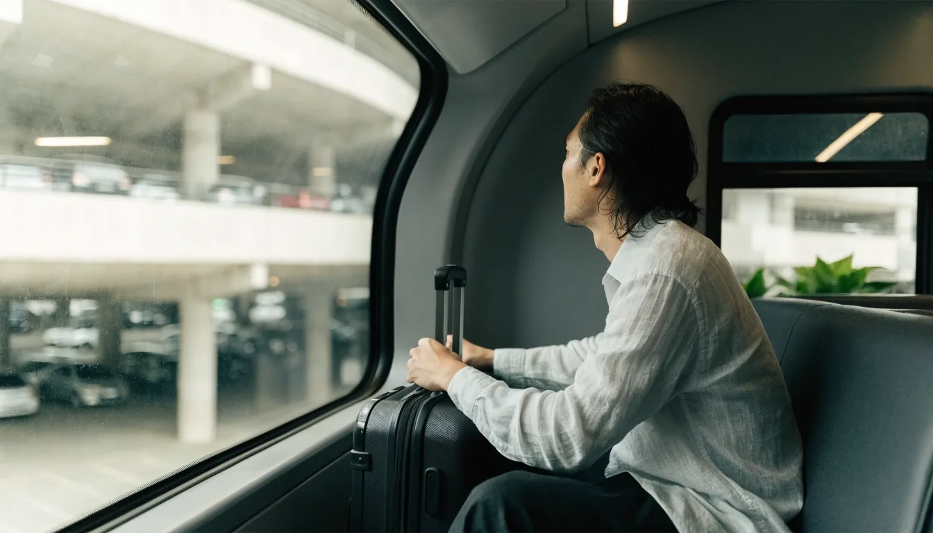 Traveller with luggage inside airport parking shuttle