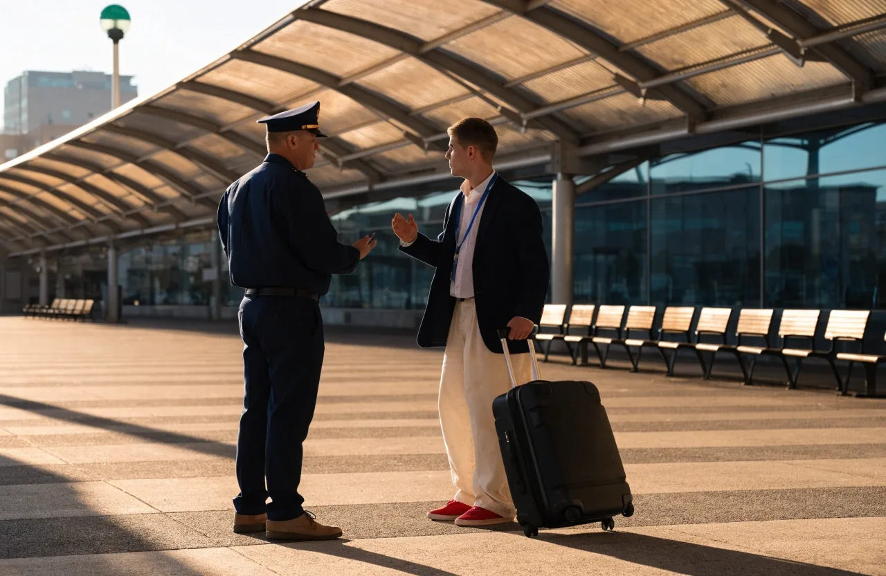 Traveller speaking with parking support near Sydney Airport terminal