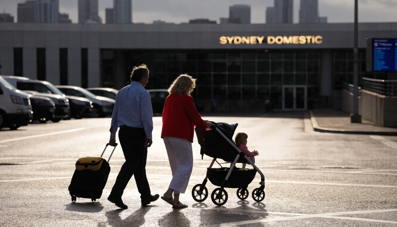 Family with pram and luggage heading to the domestic terminal